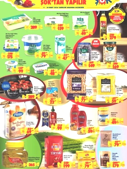 11 - 24 MART 2026 ŞOK AKTÜEL KATALOG Vatan Közlenmiş patlıcan 510 g 49 TL Tokat Erbaa Sarım salamura yaprak 2000 g 365 TL Deren Tiryaki siyah çay 1 kg 199 TL Deren Demlik poşet çay 100'lü 79 TL 