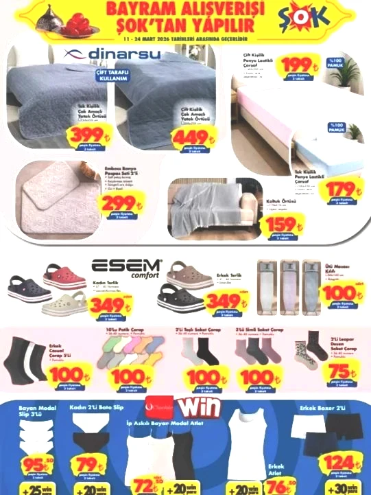 11 - 24 MART 2026 ŞOK AKTÜEL KATALOG Esem Kadın terlik 349 TL Esem Erkek terlik 349 TL Ütü masası kılıfı 100 TL 